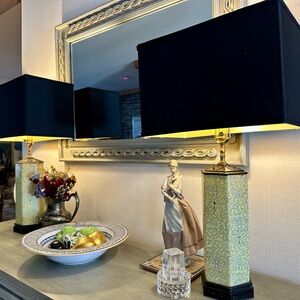 Pair of Vintage Lamp Chinese Porcelain Hexagonal Yellow w/Wooden Base 30”